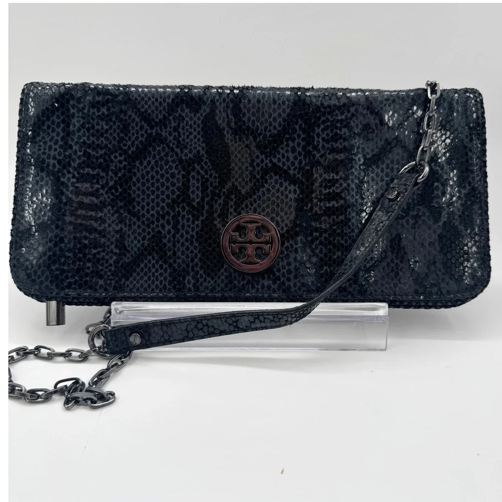 Tory Burch Black Snakeskin Embossed Convertible Shoulder Bag Clutch Wallet Chain